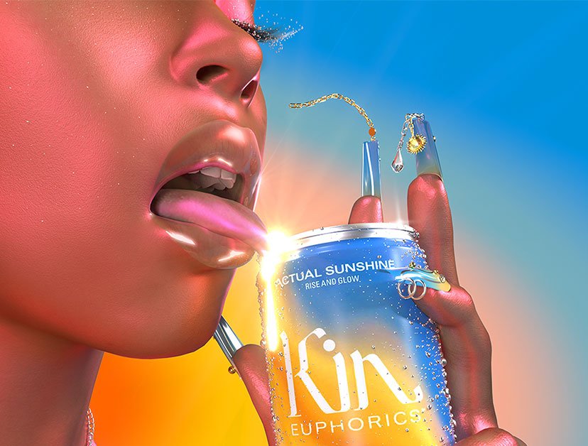 A person holding and licking a can of ​​Kin Euphorics Actual Sunshine. Can and persons nails are blue and yellow. Person is wearing gold jewelry