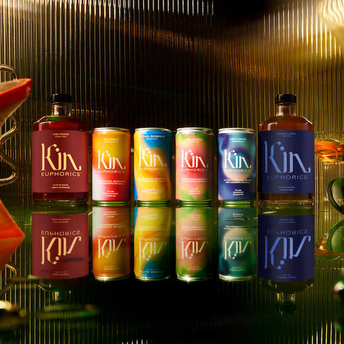 Kin Euphoric's non-alcoholic braincare beverage Full Kin Kit which includes 1 bottle of High Rhode, 1 bottle Dream Light, 4 cans of Actual Sunshine, 4 cans of Kin Spritz, 4 cans of Kin Bloom and 4 cans of Lightwave.