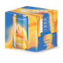 A blue and yellow can of kin euphorics non-alcoholic functional beverage, actual sunshine